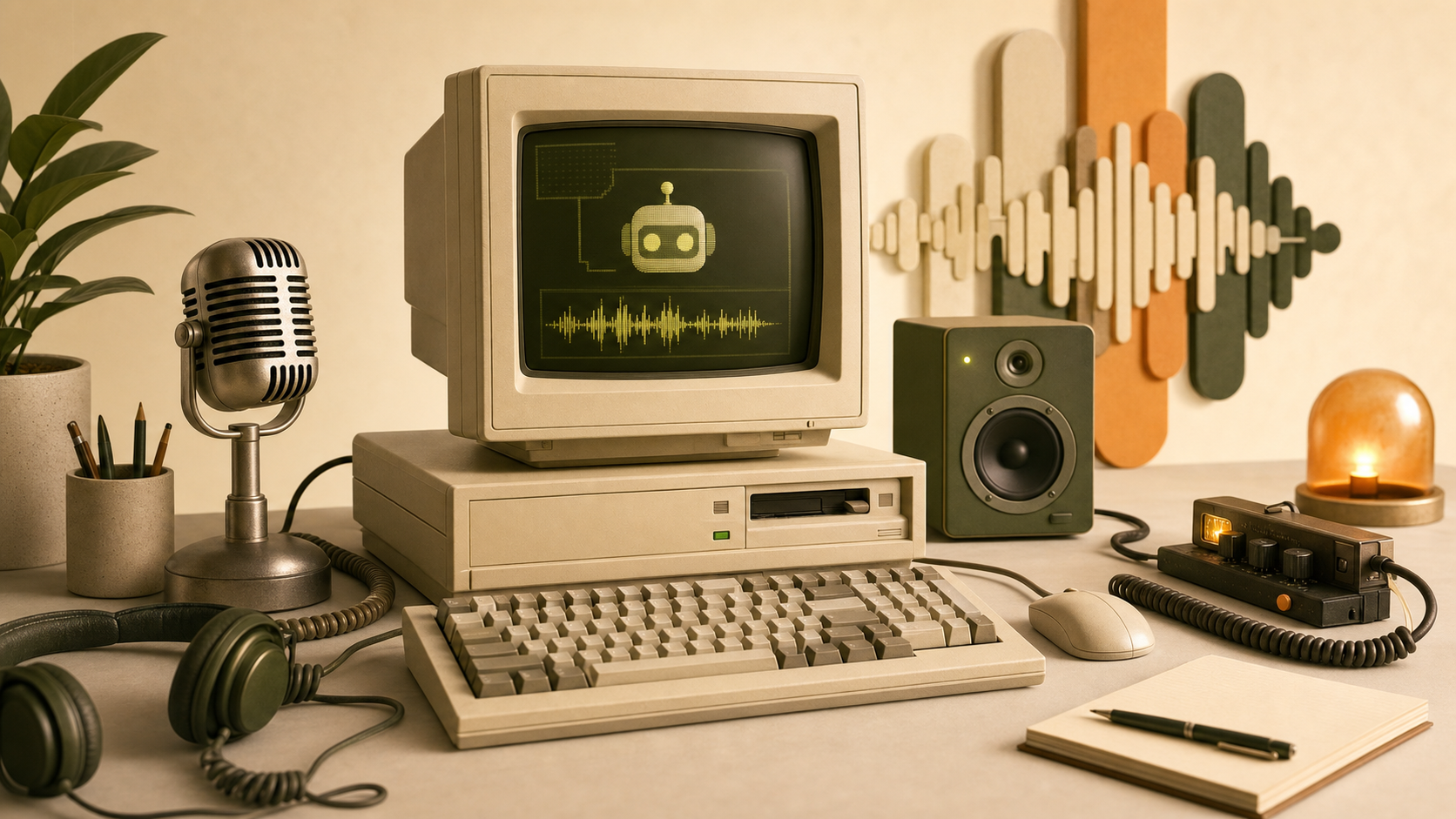 Retro workstation illustration explaining Microsoft SAM TTS voice generation
